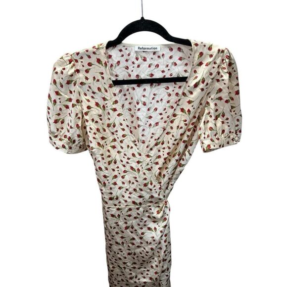 Reformation Cream Silk Mini Wrap Dress Rose Print Puff Sleeve V-Neck Size M - Picture 6 of 11